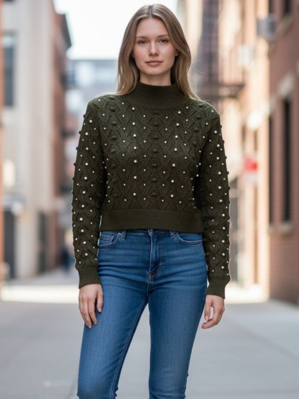 NWT ZARA Olive Green Knit Open Back Cropped Pearly Sweater Womens L